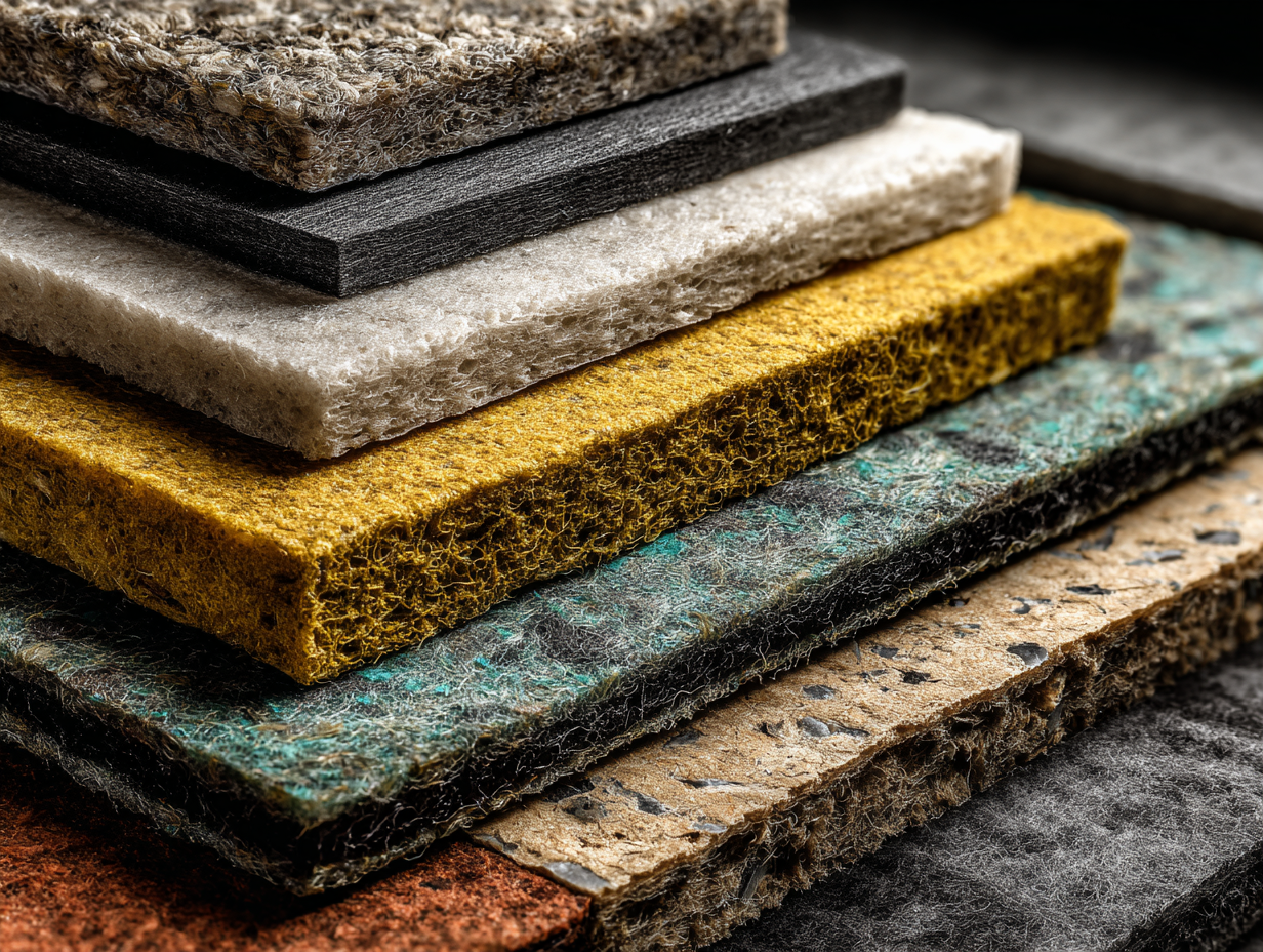 Display of premium soundproofing materials including acoustic panels, insulation layers